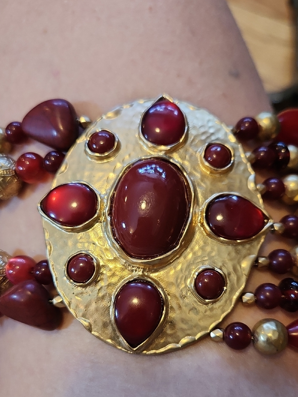 Chicos NWT Gold-Tone Necklace with Red Beaded Pendant Medallion Statement - Picture 9 of 10